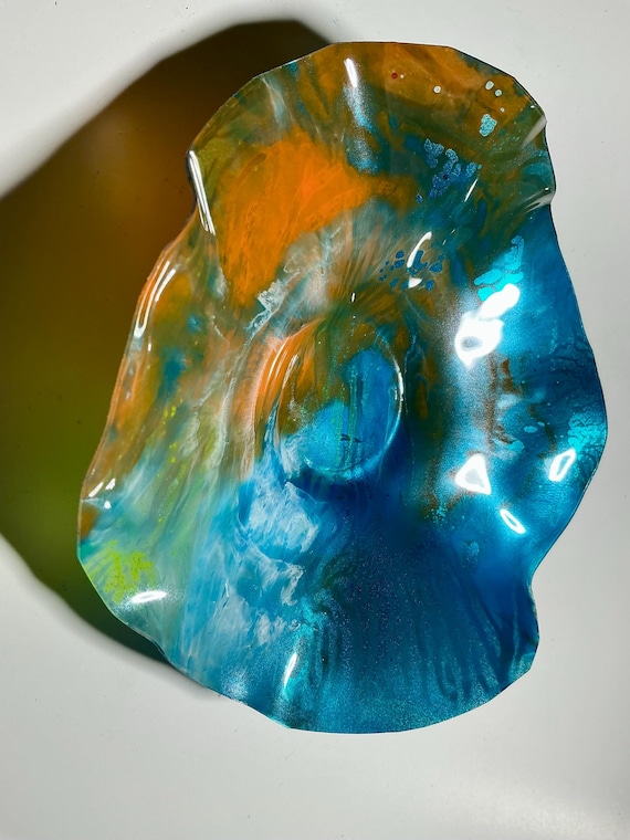 Teal, orange, white & yellow Recycled Polymer Wall Flower handmade Art – 5-6 Inch- looks like glass