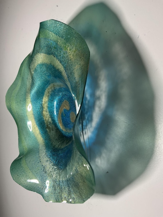Wall flower handmade from up cycled Polymer- teal, blue & gold Art –  5-6 Inch (Glass Look)