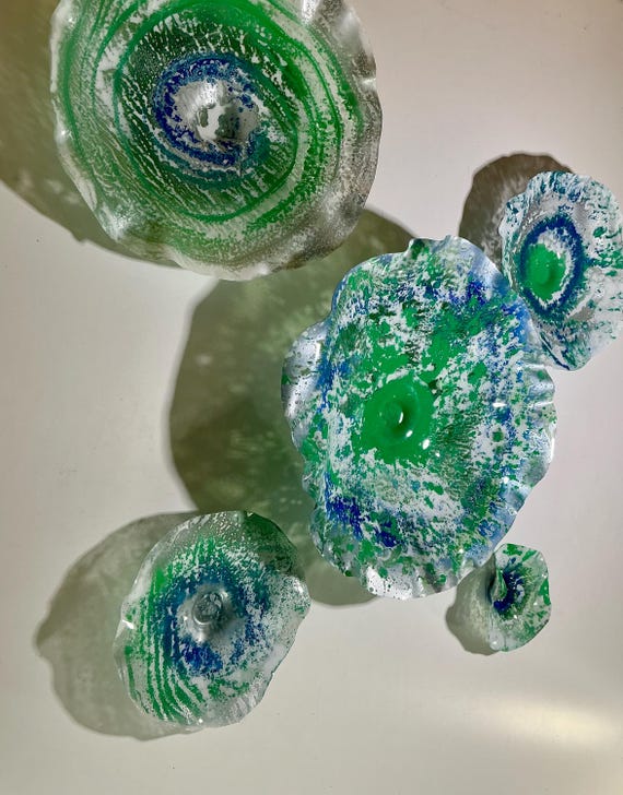 One-of-a-Kind Set of 5 Wall Murals - Upcycled Polymer Beachy Interior Art in Green & Blue-glass like look