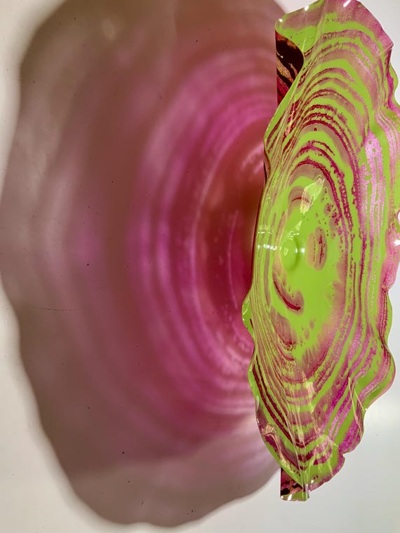 Recycled water bottle art wall flower handmade home decor extra large 19” lime cream green/coral red/looks like glass/Coralreeflections art