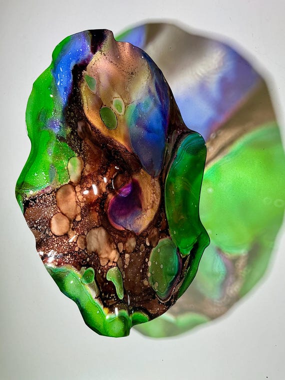 Translucent wall decor - brown, copper, green handmade up cycled plastic, glass like look floral art 15”