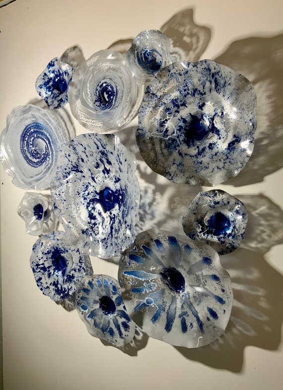 Blue Silver Gray Wall Flower Mural: Recycled Plastic Indoor Outdoor Decor