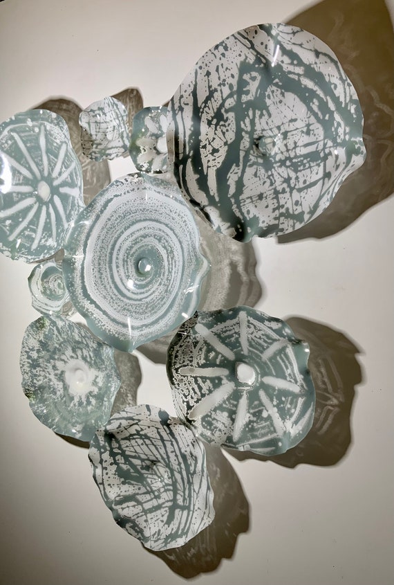 Wall Flower 9 /Sage green/white original up-cycled plastic/earthy home decor/looks like glass large wall mount hanging/lanai/ceiling hanging