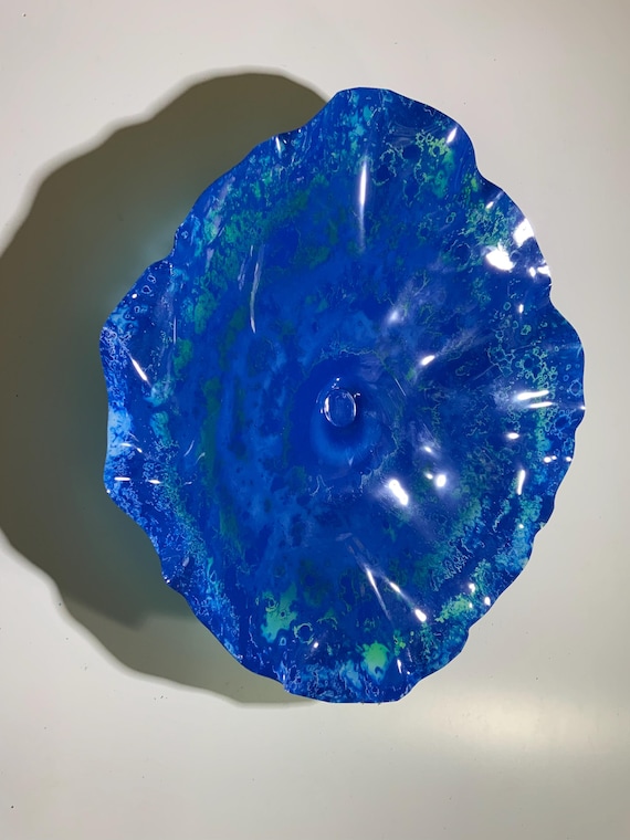 Ocean Arts wall flower handmade art recycled plastic 19”/blue/green /cool beachy home decor looks like glass