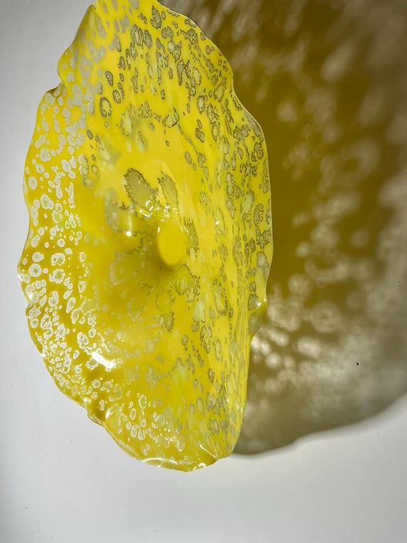 Handmade upcycled PET Flower Wall Art: yellow 15” – boho Home Decor- looks like glass
