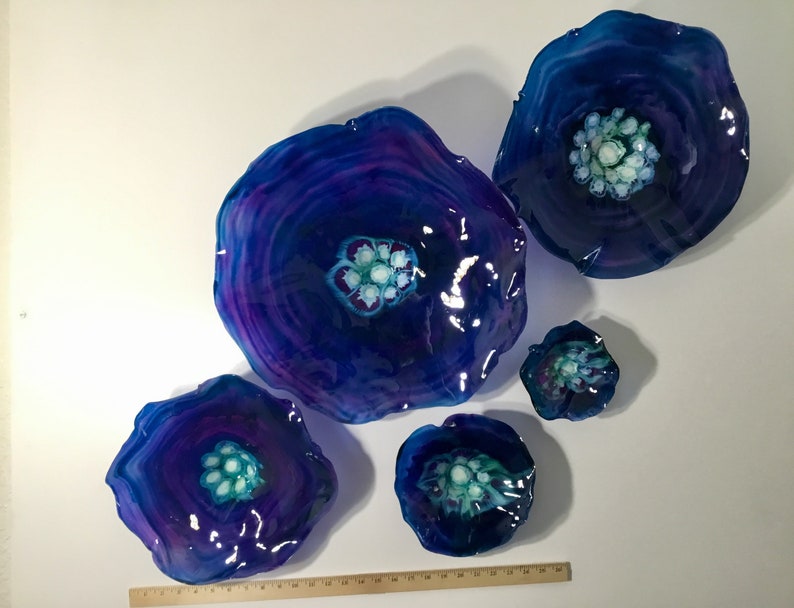 Dark Blue/ Eggplant Purple flowers wall art durable recycled image 1