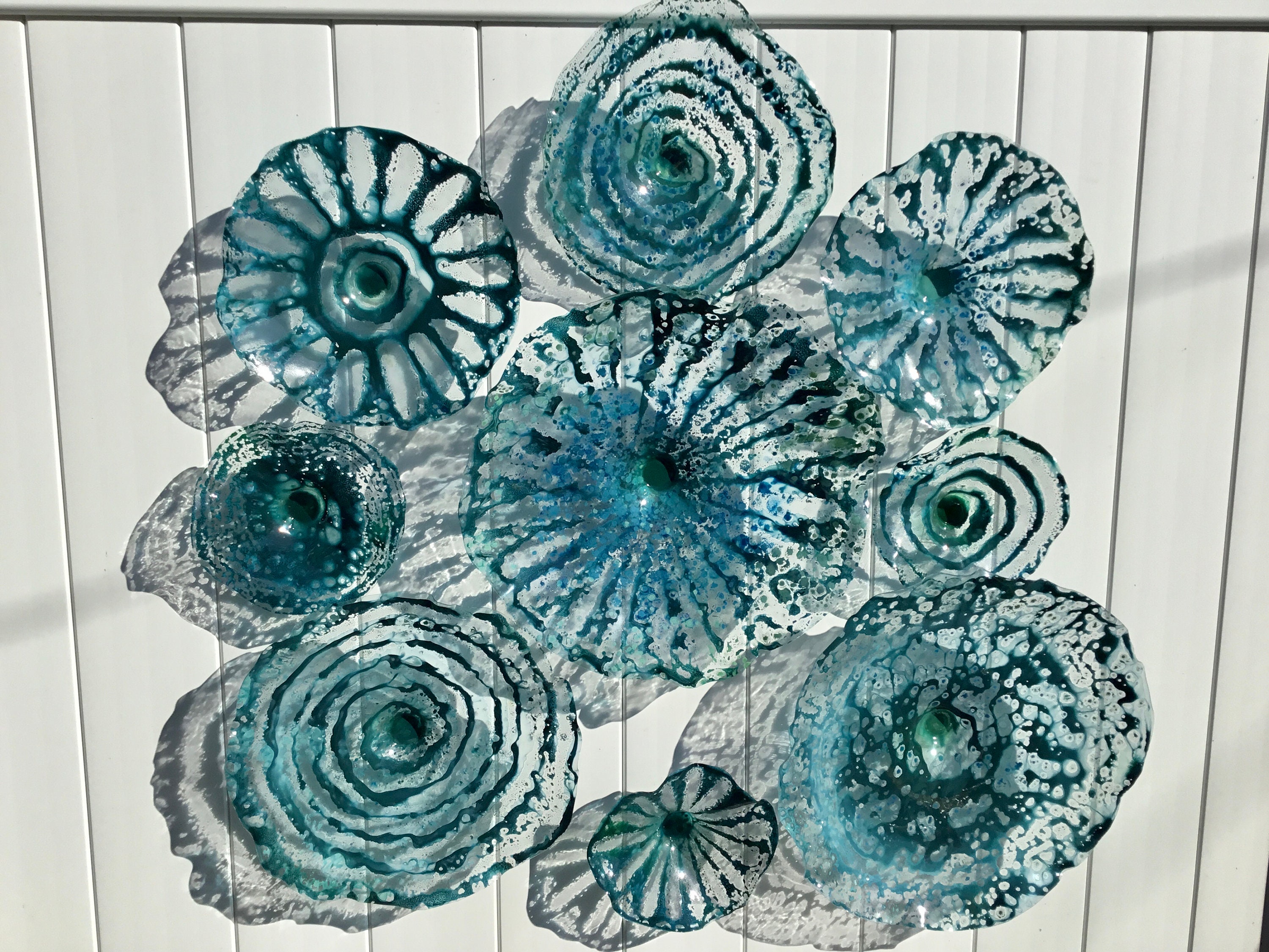 Teal bluegreen wall sculpture set 9 upcycled plastic wall mount/fine art platter indoor