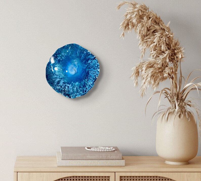 Medium round Wall flower 13 aqua/blue glitter handmade eco-friendly plastic/Home wall sculpture art/window hanging decor/looks like glass image 4