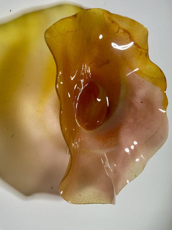 Original handmade recycled plastic wall flower hanging extra small 5” peach and yellowlooks like glass/unique home art