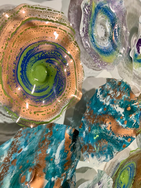 Copper/green/white/teal/purple/blue wall flower sculpture set 17 handmade home decor - eco-friendly polymer, looks like glass