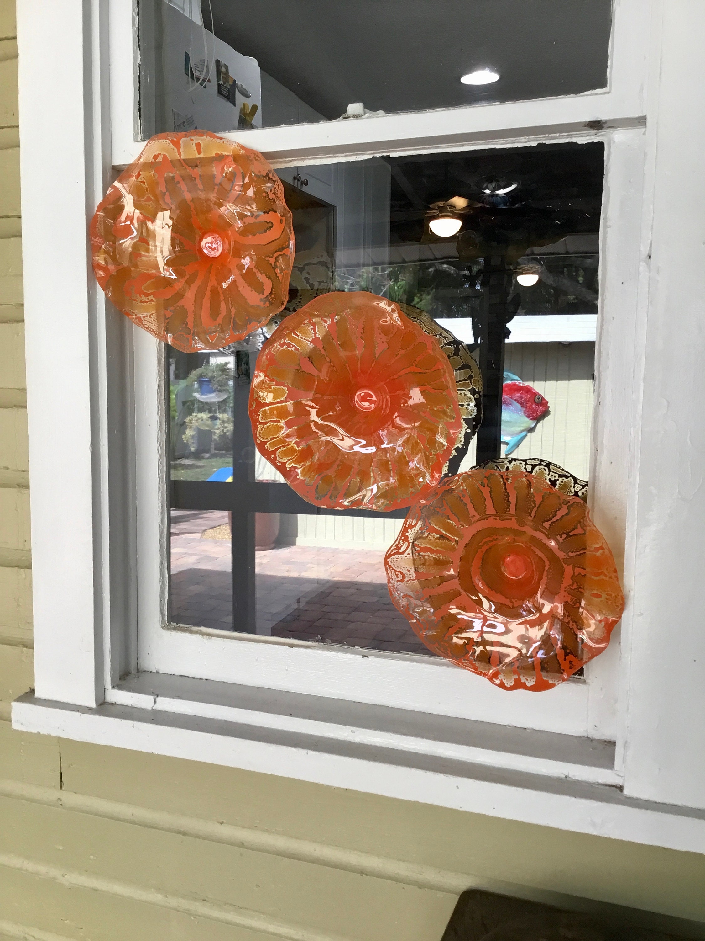 Orange Wall Flower mural set of 3 Burnt Orange handmade upcycled