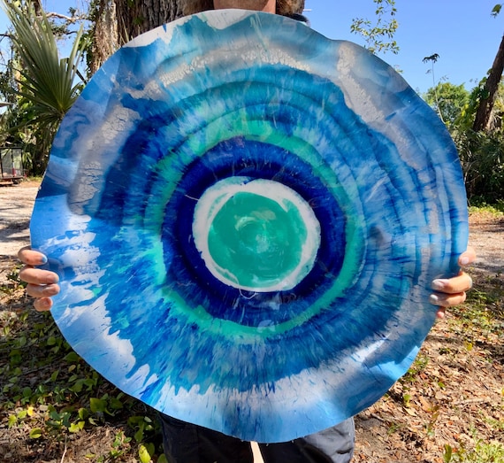 Original XX large giant wall art 24” aqua/blue/white handmade upcycled plastic/looks like glass/easy to hang/lightweight