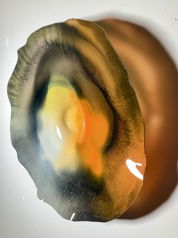 Handmade small round wall flower plate 9” black/orange/yellow/white recycled plastic/modern home decor art/window hanging /looks like glass