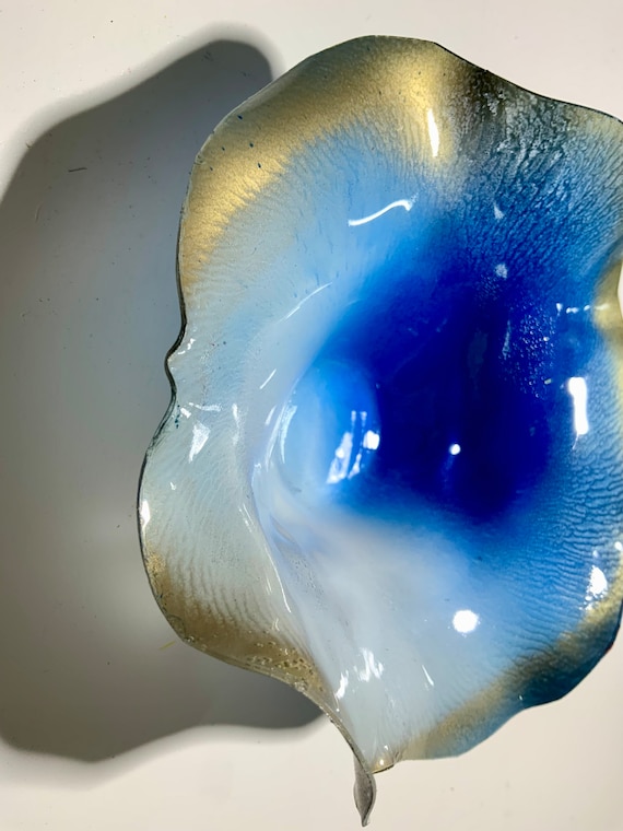 Recycled Plastic Wall Flower: Gold, Blue, & White Ocean Art- looks like glass