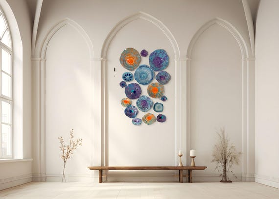 Original Wall Flower mural art 17 orange/aqua/purple/blue handmade up-cycled polymer looks like glass/boho beach home decor