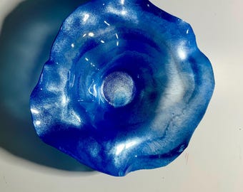One of a kind blue/sliver extra Small wall flower 5” handmade recycled plastic/home decor/indoor outdoor art/looks like glass/designer plate