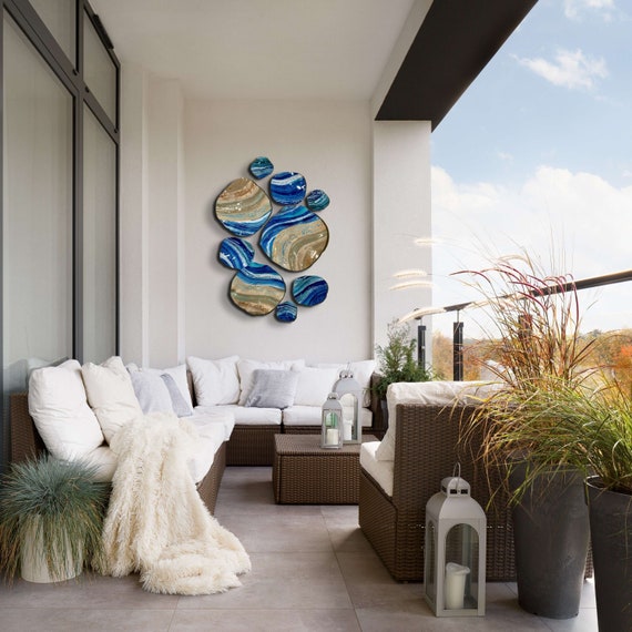 Original Wall sculpture dish art 9 sea blue/white/sandy tan handmade recycled plastic/beach home decor/large wall mural art/looks like glass