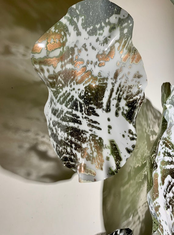Original Wall flower sculpture 5 white/gray/copper/green up cycled plastic indoor/outdoor decor/looks like glass/neutral home wall mural/