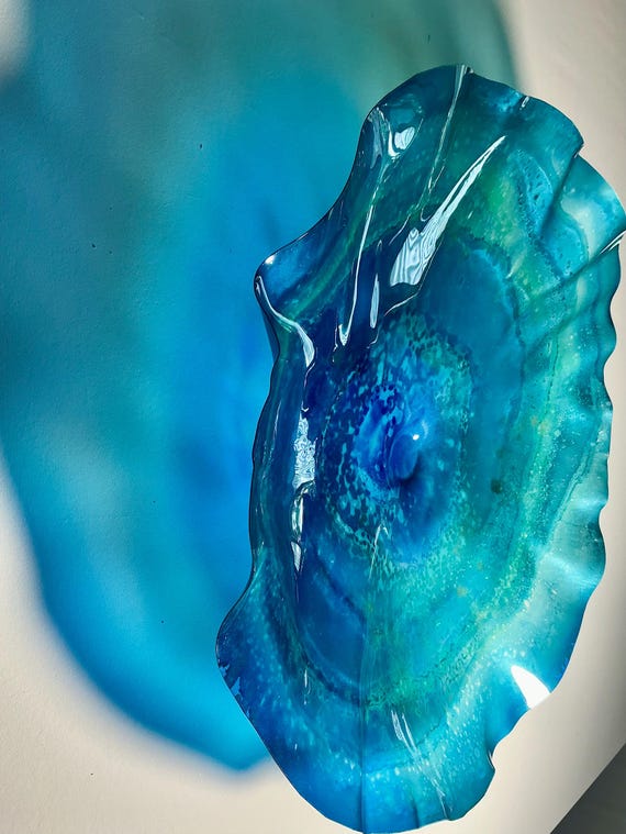 Teal & gold XX large wall flower art 24” handmade up cycled polymer looks like glass/easy to hang