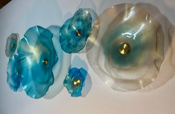 Set of 6 Handmade Wall Flowers in Gold & Turquoise sea blue - Unique up cycled Polymer Art by Todd Lynd- glass like look