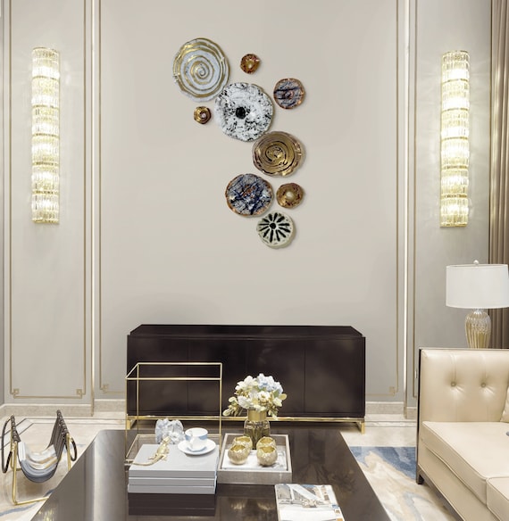 Large wall flower mural 10 handmade recycled plastic/metallic earth tones/gold/burgundy/white/black/blue/copper home decor/looks like glass