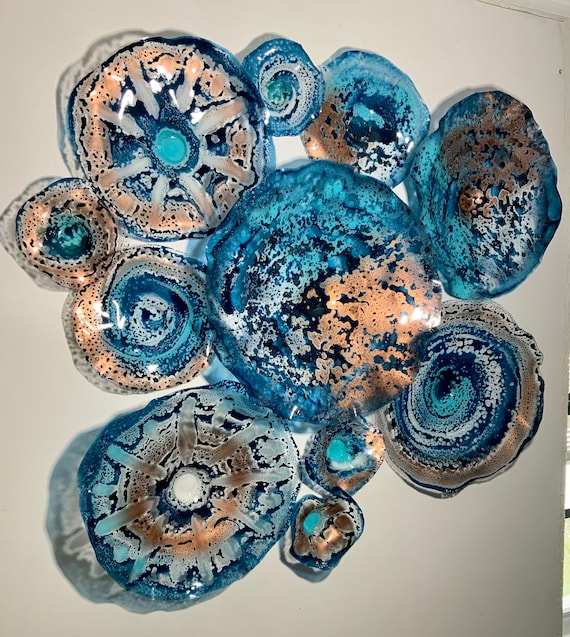 Teal Copper Wall Flower Art: Recycled Plastic Boho Home Decor Mural-glass like look