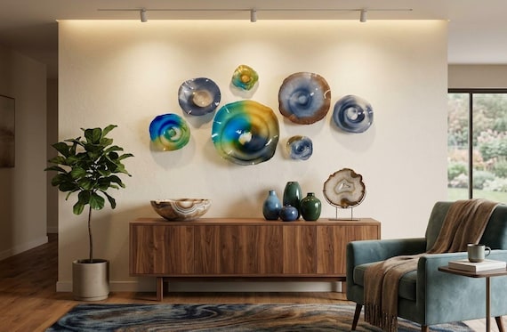 Brown, blues, green, teal, Amber, gold & slate gray wall Decor – Glass-Look in Neutral Earth Tones, Handmade with upcycled polymer