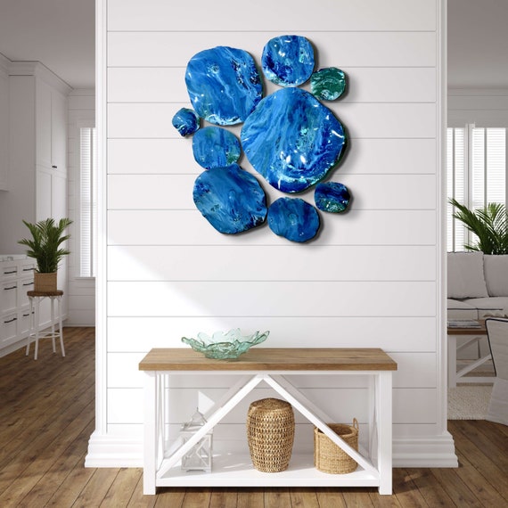 Recycled plastic Wall flower sculpture 9 metallic blue/ocean green indoor/outdoor beach home decor/looks like glass/wall mural/under the sea