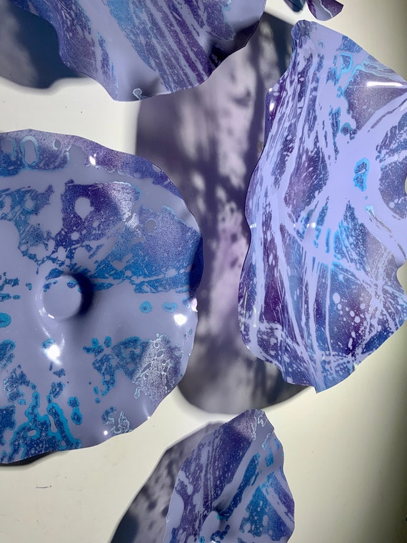 Recycled Plastic Wall Flower handmade Sculpture Set: Lavender, Purple, Light Blue/bedroom decor-glass look