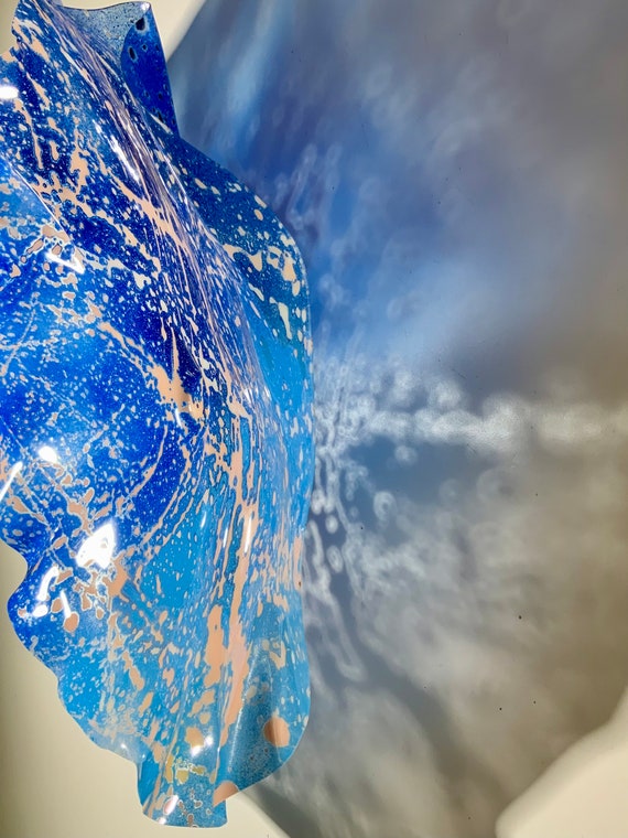 Handmade upcycled plastic flower home decor wall hanging extra large 19” cobalt blue/aqua/taupe/coastal home art/Ocean Arts/looks like glass