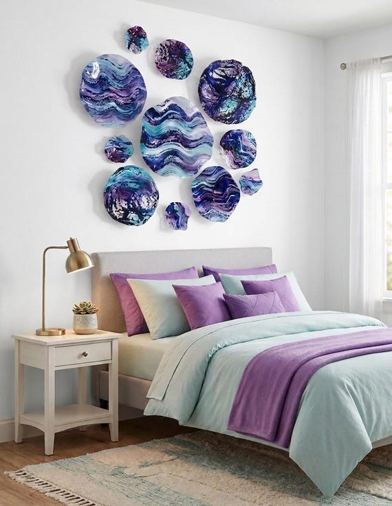 Upcycled Plastic Wall Flower Sculpture: Purple, Lavender & Aqua Blue Mural/handmade - looks like glass