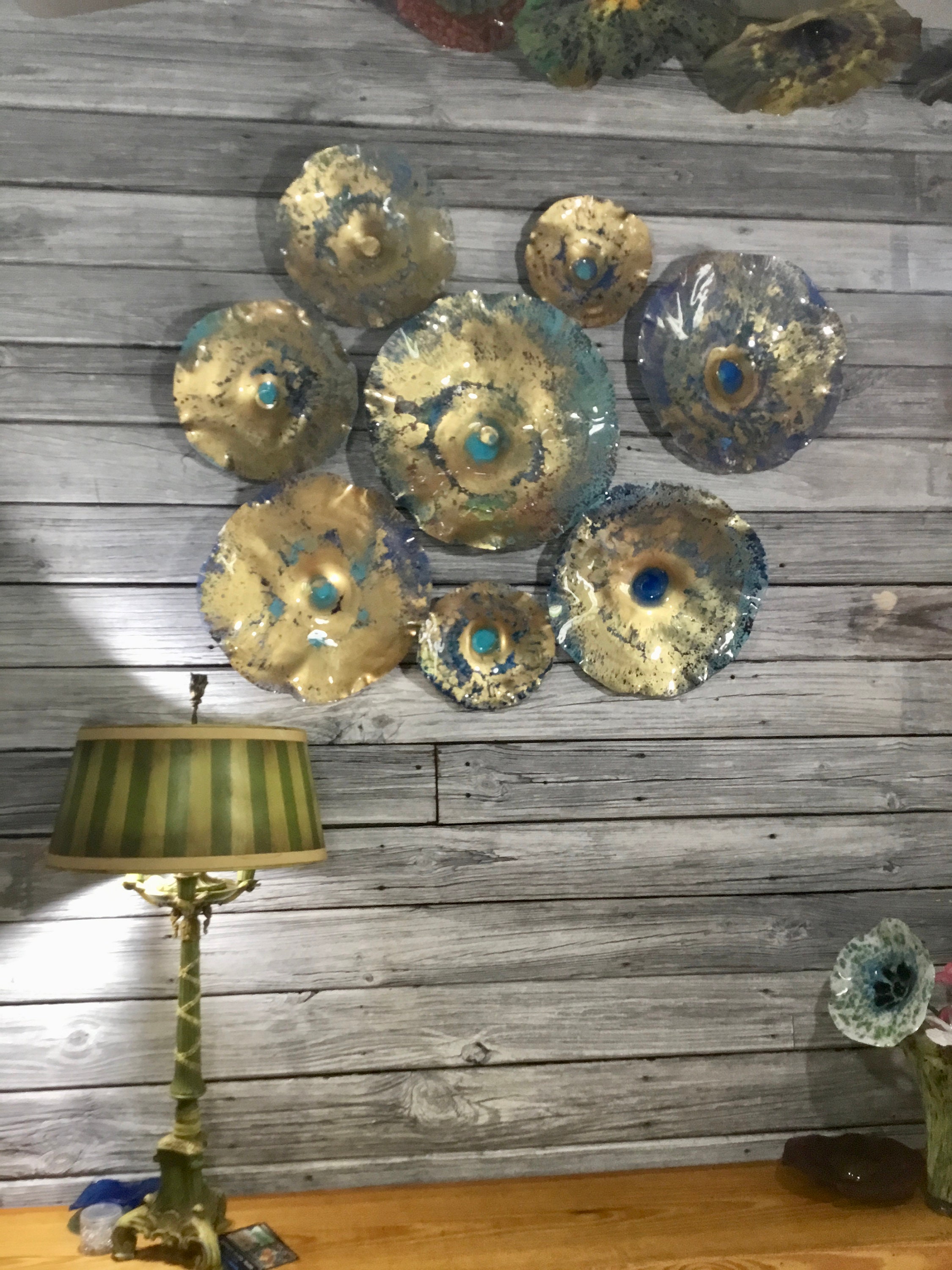Gold/Aqua blue/periwinkle/blue wall Flower 8 handmade translucent up cycled polymer/home decor