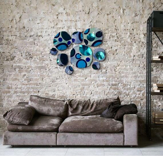 Eco- friendly plastic Wall flower sculpture set of 9 handmade beach home decor Navy/blue/teal/green/Ocean Arts/looks like glass/ceiling art