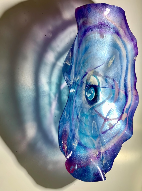 Wall flower large 15” watery blue, silver & amethyst purple recycled polymer- beach home decor - looks like glass