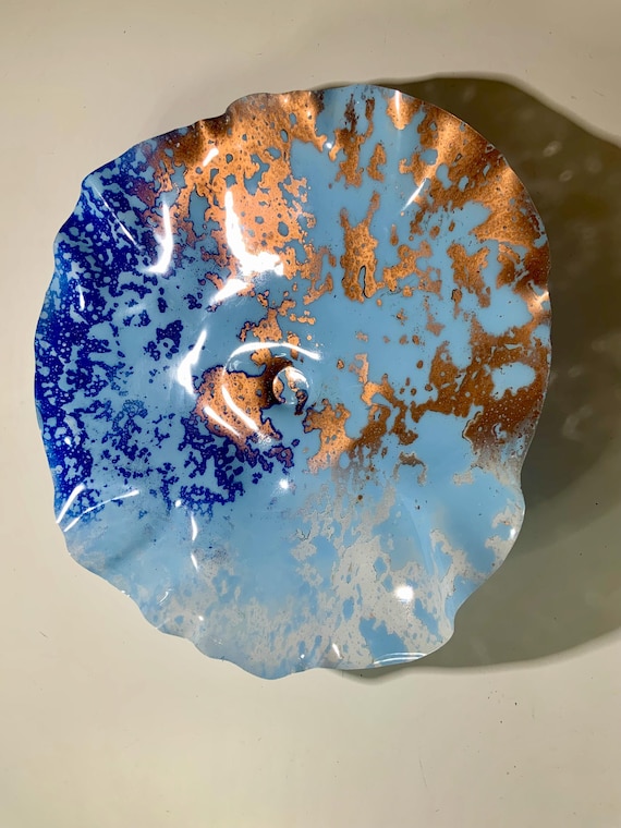 Coralreeflections wall flower handmade/recycled plastic 19” light blue/copper/white navy blue/cool home decor- looks like glass