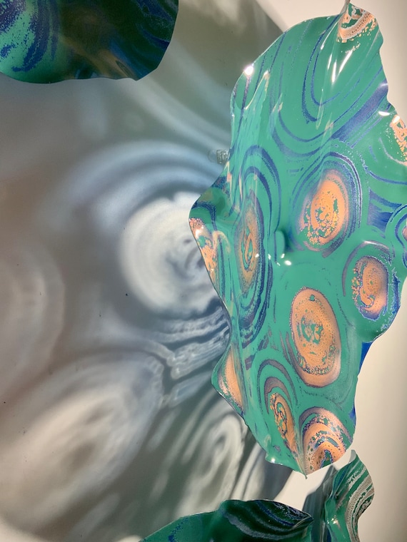 Aqua, Jade & copper Recycled Plastic Wall Flowers: Modern Beach House Decor mural, Set of 5 - glass like look