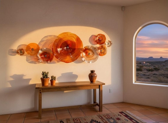 Unique Amber Orange & Silver Wall Hanging Set | 8 Handcrafted Upcycled Polymer Decor- glass like look