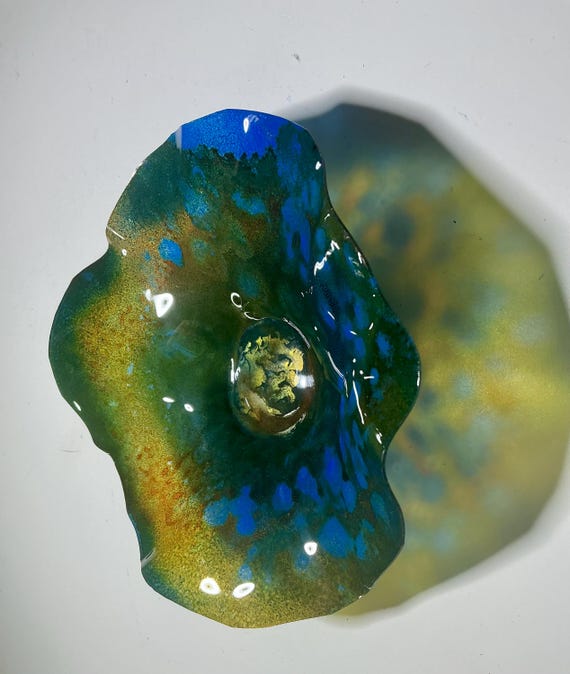 5” Handmade Wall Flower Decor - Recycled Plastic- blue, green and gold Gift Idea-looks like glass