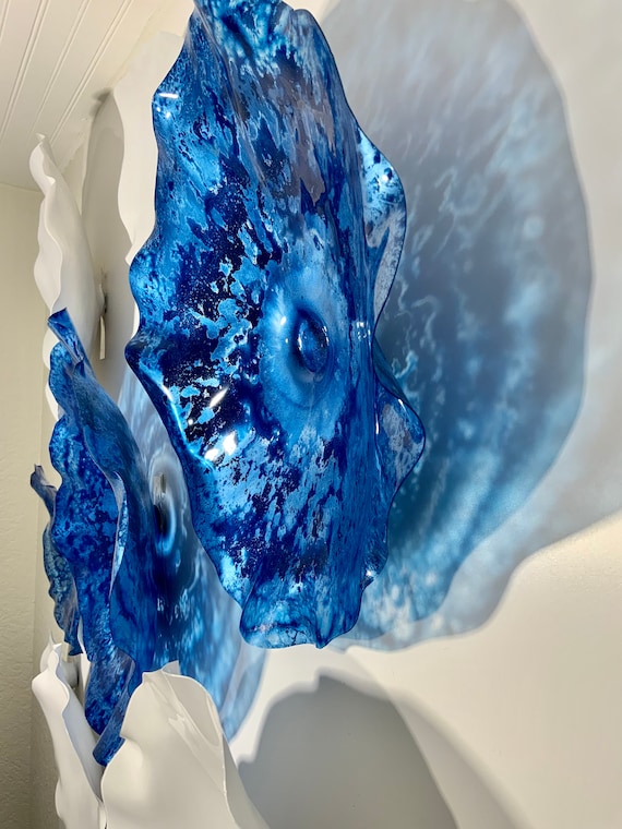 Recycled Plastic Wall Flower Decor: Blue & White Coastal Art catches the light like glass