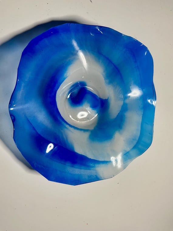 Home decor blue & white 5 inch Handmade Recycled Polymer Wall Flower Art- looks like glass