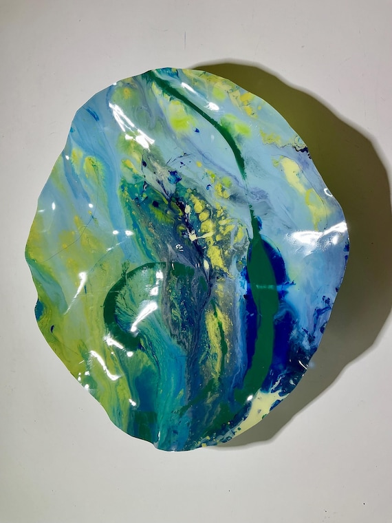 Glass-Like blue, green & yellow Wall Flower Art - Eco-Friendly plastic Hippie Decor 15”