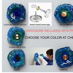 May include: A collection of circular, textured wall mounts in shades of blue and green. The set includes center mount screw caps in gold, brass, stainless steel, black, and copper finishes. Text reads: CUSTOM COLOR MATCH, CENTER MOUNT SCREW CAPS, HARDWARE INCLUDED WITH PURCHASE, CHOOSE YOUR COLOR AT CHECKOUT, STAINLESS STEEL, BLACK, GOLD / BRASS, COPPER.