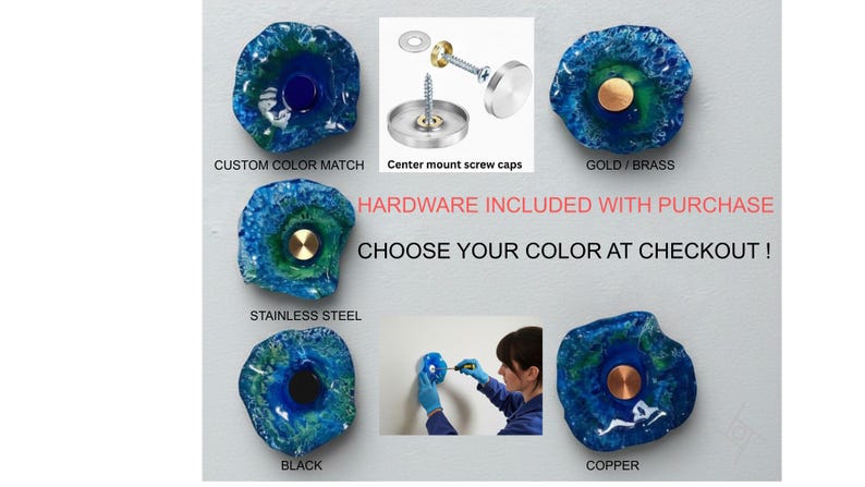 May include: A collection of circular, textured wall mounts in shades of blue and green. The set includes center mount screw caps in gold, brass, stainless steel, black, and copper finishes. Text reads: CUSTOM COLOR MATCH, CENTER MOUNT SCREW CAPS, HARDWARE INCLUDED WITH PURCHASE, CHOOSE YOUR COLOR AT CHECKOUT, STAINLESS STEEL, BLACK, GOLD / BRASS, COPPER.