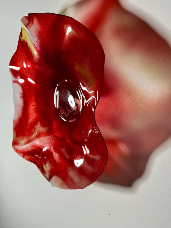 Handmade Recycled Polymer Wall Flower Art red, yellow & white - glass like Look (5 Inch)
