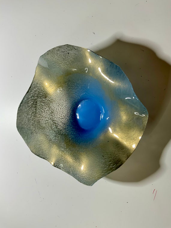 Handmade round Wall flower hanging home decor recycled plastic gold/baby blue extra small 5” looks like glass/outdoor hanging Ocean Arts