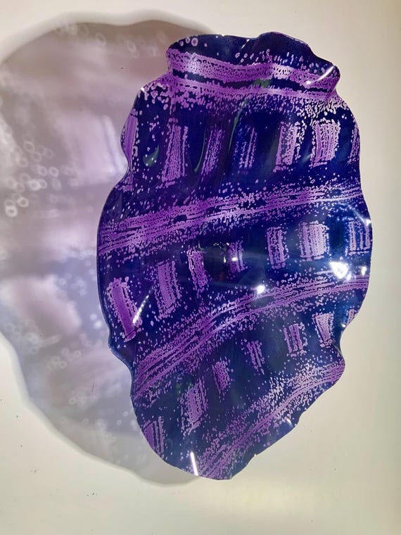 Recycled water bottle art navy blue & eggplant purple boho home decor extra large 19” looks like glass/colorful home art wall hanging