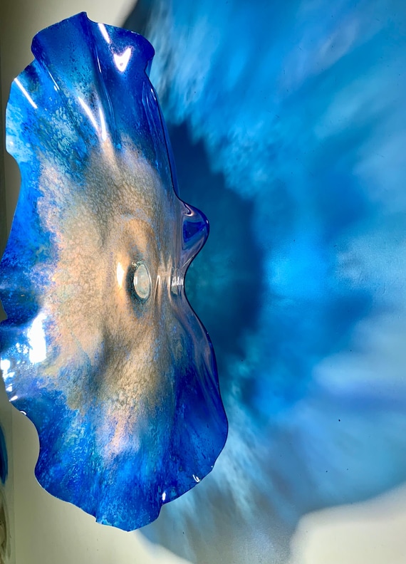 Handmade up cycled plastic wall flower/ floral home decor extra large 19” cobalt blue/copper wall art/Ocean Arts/looks like glass