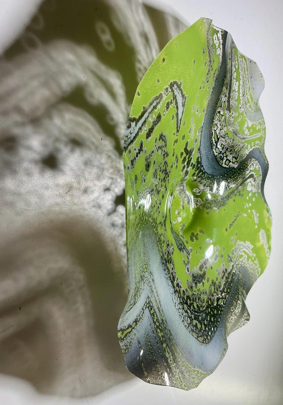 Beautiful Handcrafted 8” Wall Flower - green, gray and white  Eco-Friendly Art-upcycled plastic- glass like look