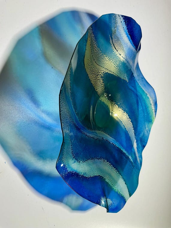 Beautiful Handcrafted 9” Wall Flower - teal, blue & Gold Eco-Friendly Art-upcycled plastic- glass like look