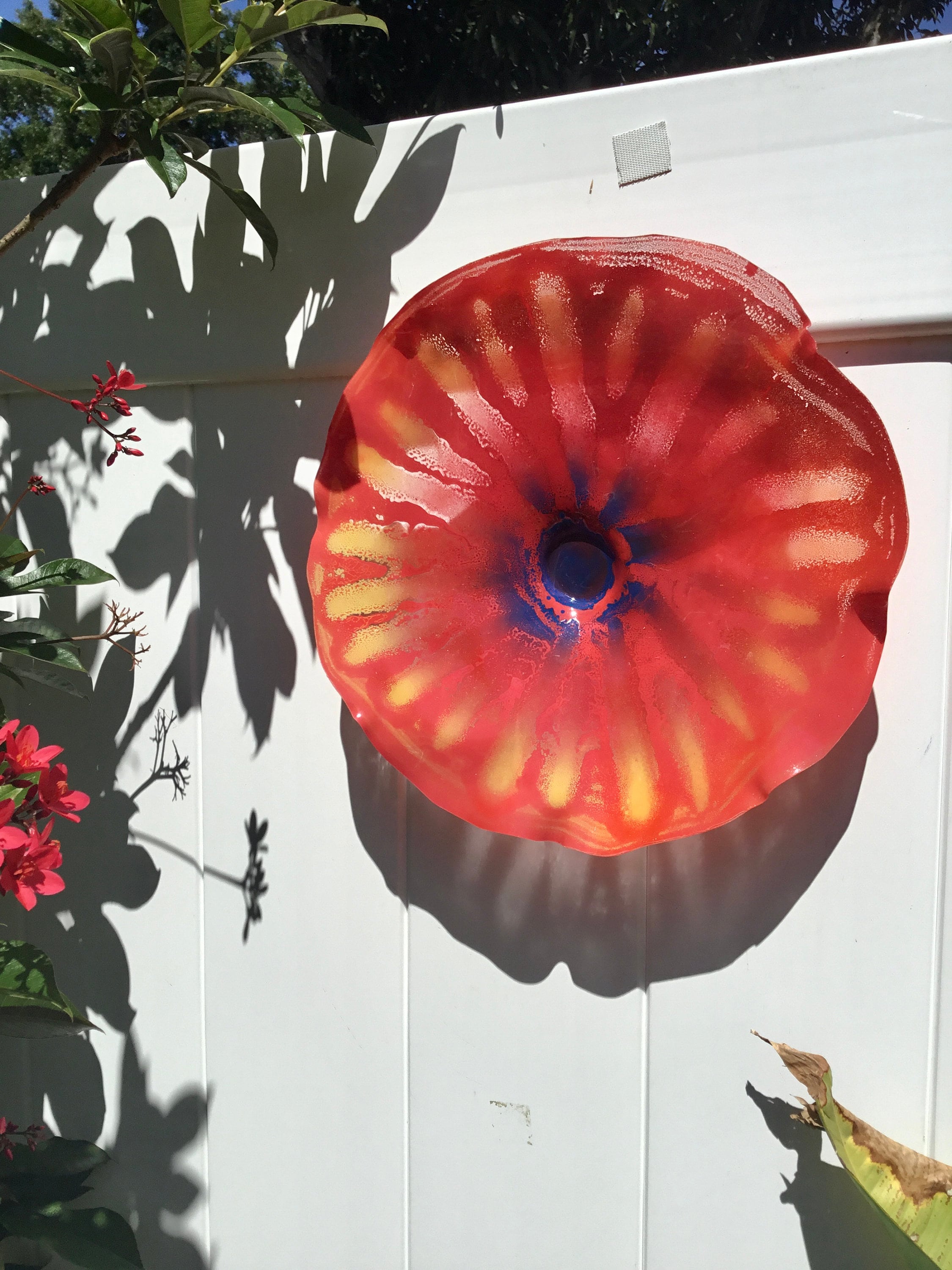 Medium Wall flower 13” coral red/blue/yellowgold handmade eco friendly